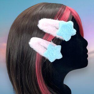 Plush Shooting Star Fur Hair Clips - Pink and Blue